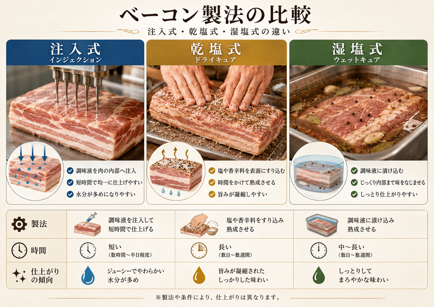 ベーコンの製法である注入式、乾塩式、湿塩式を比較したイメージ